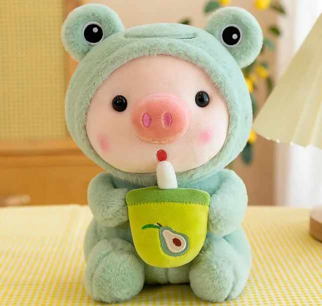 Cute Milk Tea Pig Plush Toy - Cartoon Animal Transformation Stuffed Doll, Kawaii Frog Plushie, Soft Hugging Pillow Gift