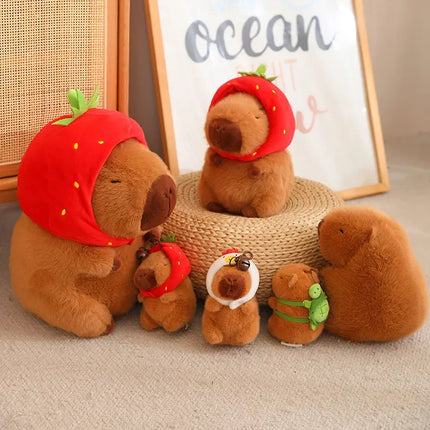 Capybara Plush Toy with Strawberry Hat – Small Stuffed Animal, Turtle Backpack & Hand Ring Pendant Gift