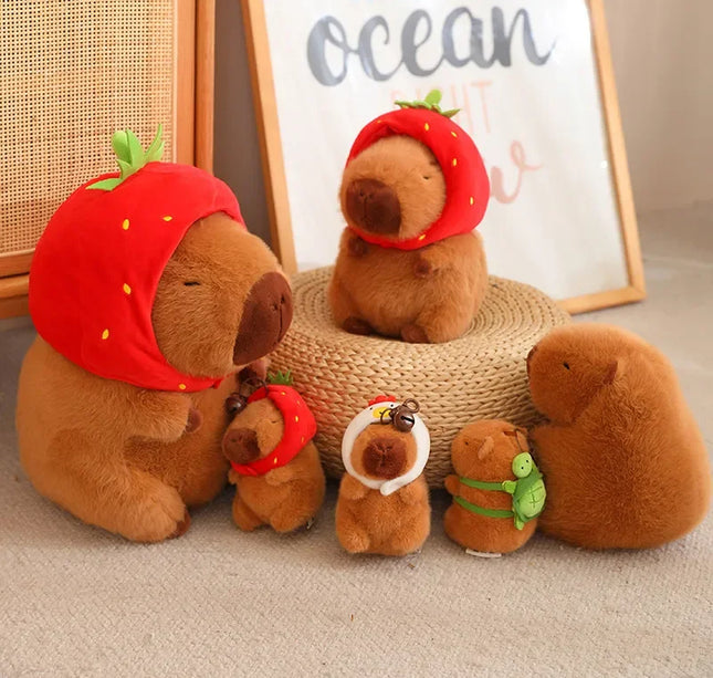 Capybara Plush Toy with Strawberry Hat – Small Stuffed Animal, Turtle Backpack & Hand Ring Pendant Gift