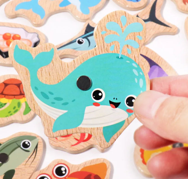 Montessori Wooden Fishing Toys For Children Magnetic Marine Life Cognition Fish Games Parent-Child Interactive Educational Toy