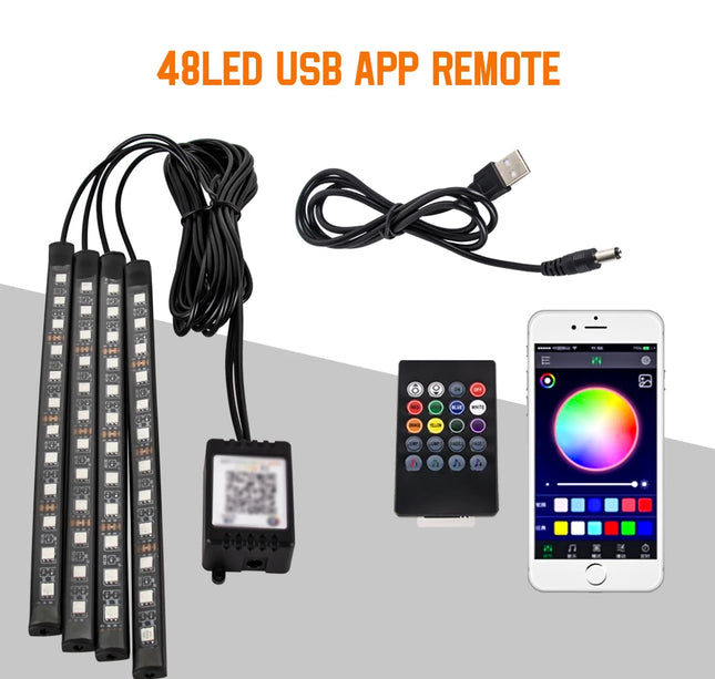 RGB Car Atmosphere Lights – LED Interior Footwell Strip with USB, Remote & Sound Control