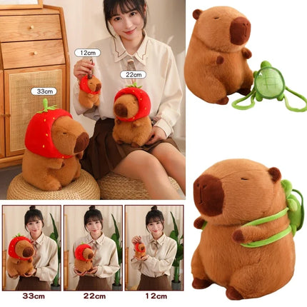 Capybara Plush Toy with Strawberry Hat – Small Stuffed Animal, Turtle Backpack & Hand Ring Pendant Gift