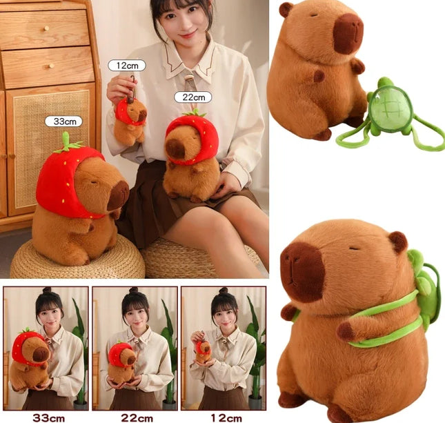 Capybara Plush Toy with Strawberry Hat – Small Stuffed Animal, Turtle Backpack & Hand Ring Pendant Gift