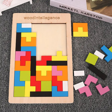 Wooden Blocks Puzzle Brain Teasers Toy Tangram Jigsaw Intelligence Colorful 3D Russian Blocks Montessori Educational