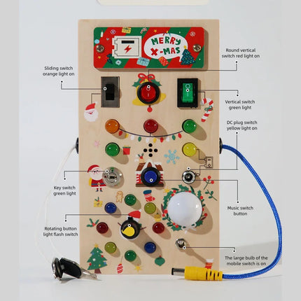 Montessori Wooden Busy Board – Sensory Training Toy with LED Lights & Switches for Early Learning Baby Gift