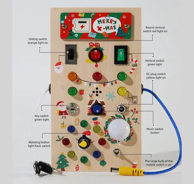 Montessori Wooden Busy Board – Sensory Training Toy with LED Lights & Switches for Early Learning Baby Gift