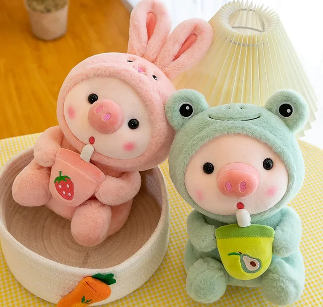 Cute Milk Tea Pig Plush Toy - Cartoon Animal Transformation Stuffed Doll, Kawaii Frog Plushie, Soft Hugging Pillow Gift
