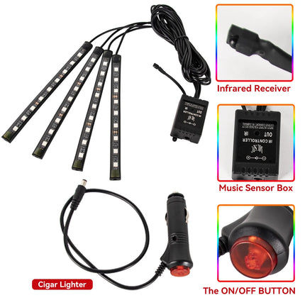 RGB Car Atmosphere Lights – LED Interior Footwell Strip with USB, Remote & Sound Control