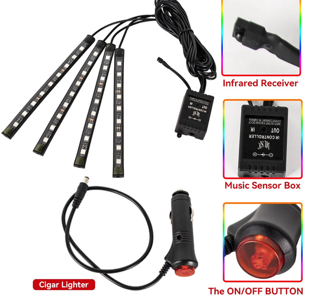 RGB Car Atmosphere Lights – LED Interior Footwell Strip with USB, Remote & Sound Control
