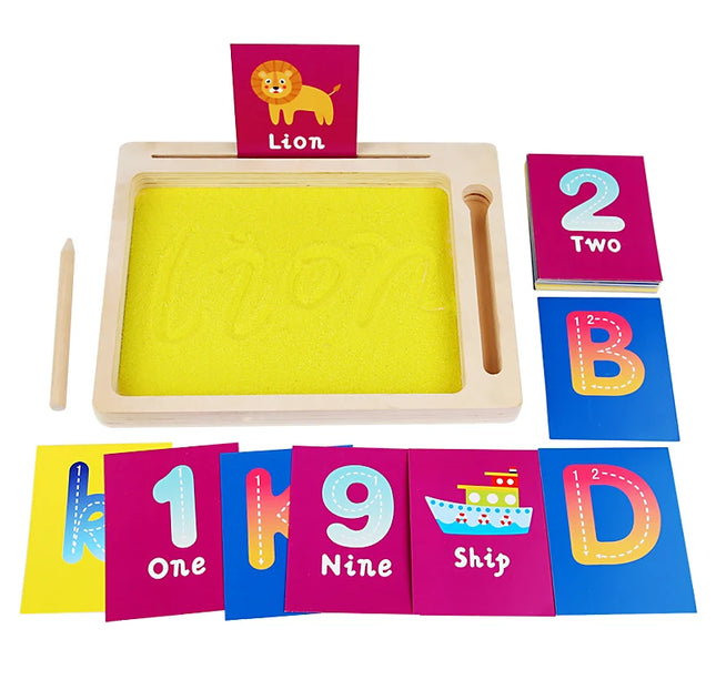 Montessori Wooden Sand Tray – Early Educational Writing Toy with Wooden Pen for Letters & Numbers Learning