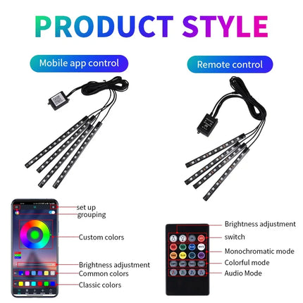 LED Car Ambient Light Kit – RGB Interior Strip with Music, Remote & App Control