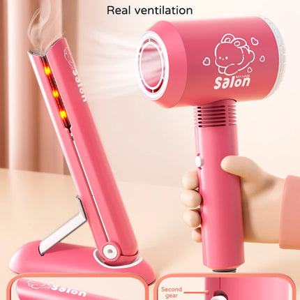 Kids Simulation Haircut & Makeup Kit – Pretend Play Hair Dryer Set Educational Toy for Girls Gifts