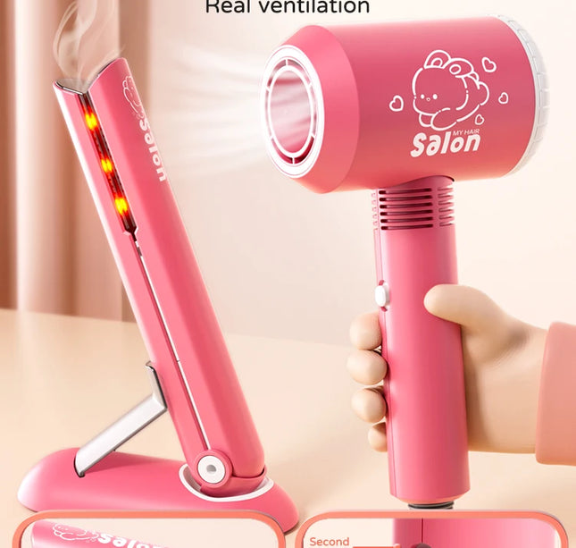 Kids Simulation Haircut & Makeup Kit – Pretend Play Hair Dryer Set Educational Toy for Girls Gifts