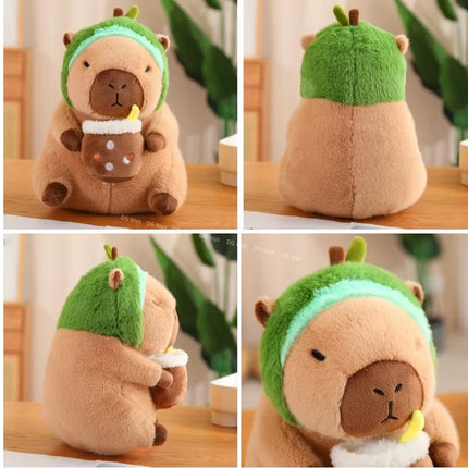 Capybara Plush Toy with Strawberry Hat – Small Stuffed Animal, Turtle Backpack & Hand Ring Pendant Gift
