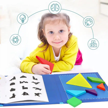Wooden Magnetic Tangram Puzzle – Educational Montessori Book Toy for Children