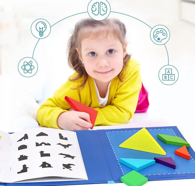 Wooden Magnetic Tangram Puzzle – Educational Montessori Book Toy for Children