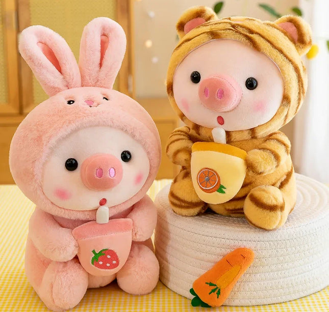Cute Milk Tea Pig Plush Toy - Cartoon Animal Transformation Stuffed Doll, Kawaii Frog Plushie, Soft Hugging Pillow Gift