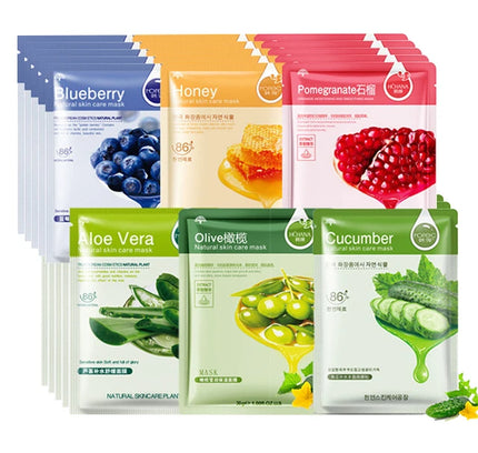30pcs Natural Plant Facial Mask Moisturizing Oil Control Anti-Aging Fruit Aloe Korean Sheet Face Mask Beauty Skin Care Prodcuts