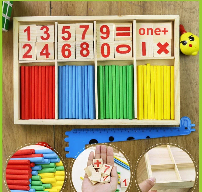 Children's math teaching aids, counting sticks, arithmetic learning box, wooden educational toys, Montessori education