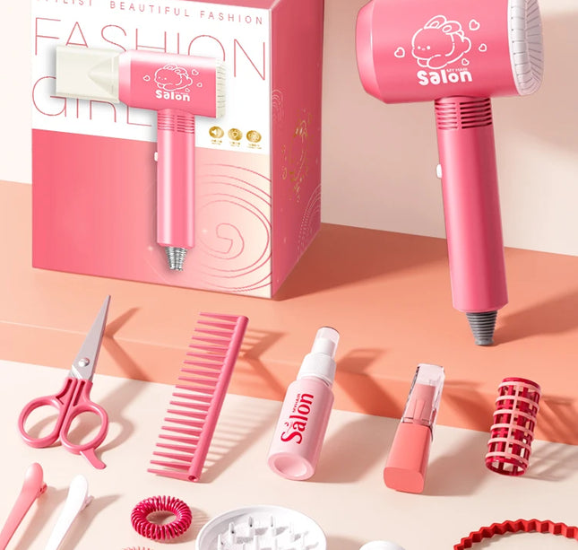 Kids Simulation Haircut & Makeup Kit – Pretend Play Hair Dryer Set Educational Toy for Girls Gifts