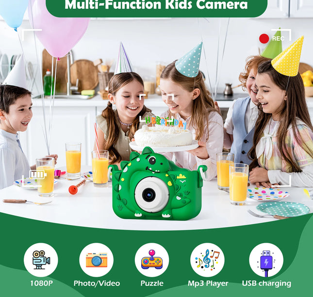 Kids Digital Camera with 32G Card Toy Girl Boy 1080p Hd Screen Outdoor Cartoon Dinosaur Camera Photography Video Birthday Gifts