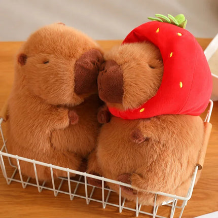 Capybara Plush Toy with Strawberry Hat – Small Stuffed Animal, Turtle Backpack & Hand Ring Pendant Gift