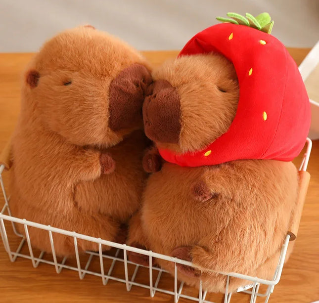 Capybara Plush Toy with Strawberry Hat – Small Stuffed Animal, Turtle Backpack & Hand Ring Pendant Gift