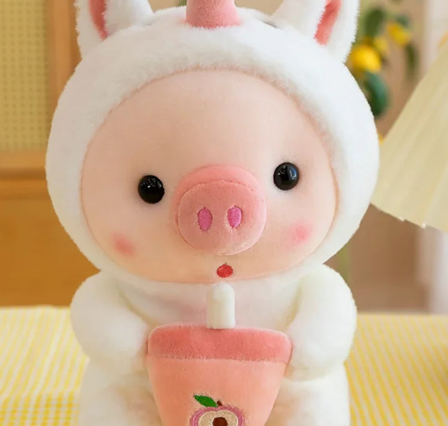 Cute Milk Tea Pig Plush Toy - Cartoon Animal Transformation Stuffed Doll, Kawaii Frog Plushie, Soft Hugging Pillow Gift