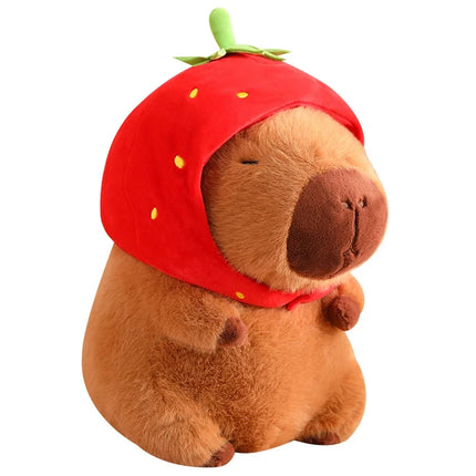 Capybara Plush Toy with Strawberry Hat – Small Stuffed Animal, Turtle Backpack & Hand Ring Pendant Gift