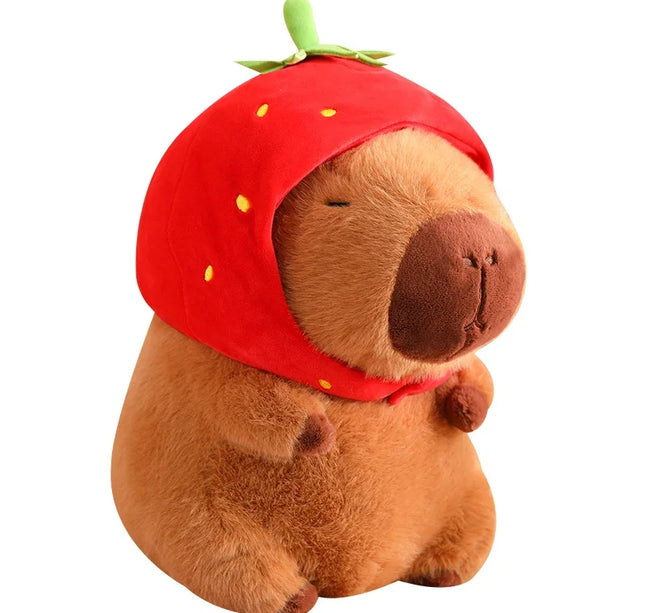 Capybara Plush Toy with Strawberry Hat – Small Stuffed Animal, Turtle Backpack & Hand Ring Pendant Gift
