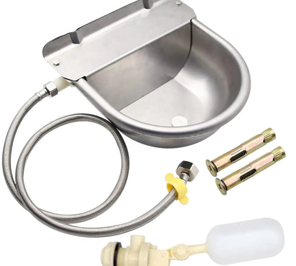 Bebedero automático para animales con válvula de flotador. Bebedero de acero inoxidable 304 para ganado con orificio de drenaje. Incluye bebedero. Manguera de 3/4". 2 válvulas de flotador y pernos de montaje.