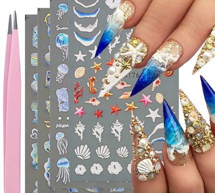 Summer Seascape 5D Nail Art Stickers Set with Tweezers - 4 Sheets